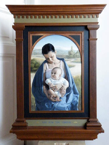 fine art oil portrait painting, mother and child, madonna in renaissance frame